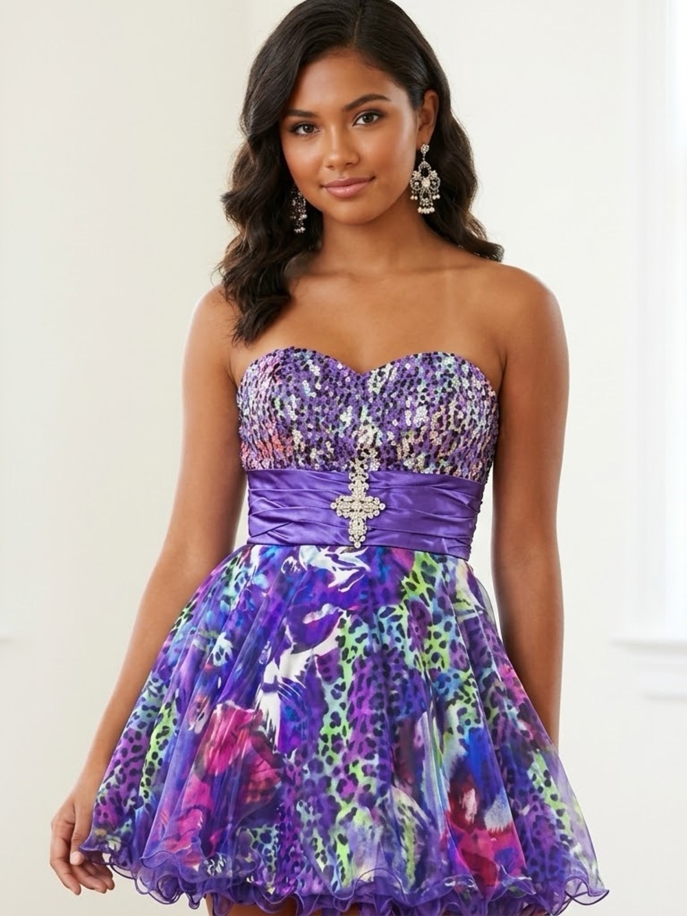 Y2K Purple Leopard Sequin Strapless Prom Party mini Dress Rhinestone size Large